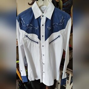 Men's Western Embroidered Shirt - Blue and White Vintage Western Wear Size Small